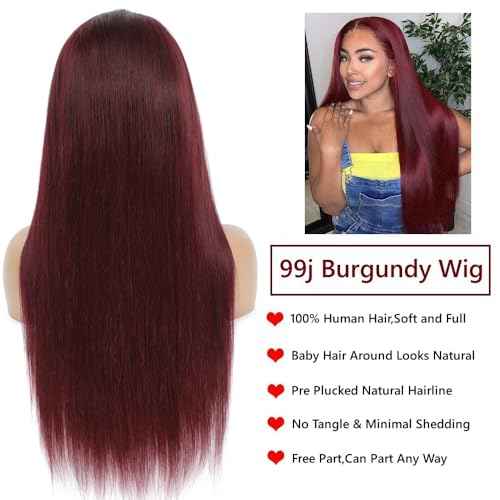 99J Burgundy Lace Front Wigs Human Hair 13x6.5 HD Burgundy Colored 250% Density Glueless Straight Wigs Human Hair Pre Plucked with Baby Hair (20 inch)