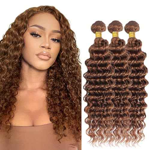 Color #30 Brown Bundles Human Hair Deep Wave 3 Bundles 32 32 32 Inch Unprocessed Brazilian Virgin Remy Light Brown Deep Wave Bundle Human Hair Extensions