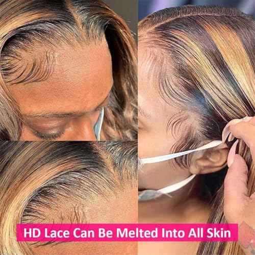 Ombre Lace Front Wig Human Hair Highlight Wig Human Hair 13x4 HD Transparent Body Wave Lace Front Wigs Human Hair 200% Density Honey Blonde Wigs for Women (26 inch)