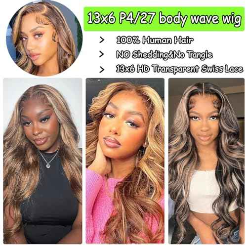 28 Inch Highlight Honey Blonde Lace Front Wig 13¡¿6 Ombre P4/27 Highlight colored Lace Front Wigs Human Hair Pre Plucked Bleached Knots 180% Density