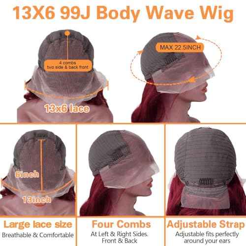 99j Burgundy Lace Front Wigs Human Hair Wigs for Black Women Human Hair Body Wave Wigs Glueless 13x6 Hd Lace Frontal Wig with Baby Hair 26 Inch