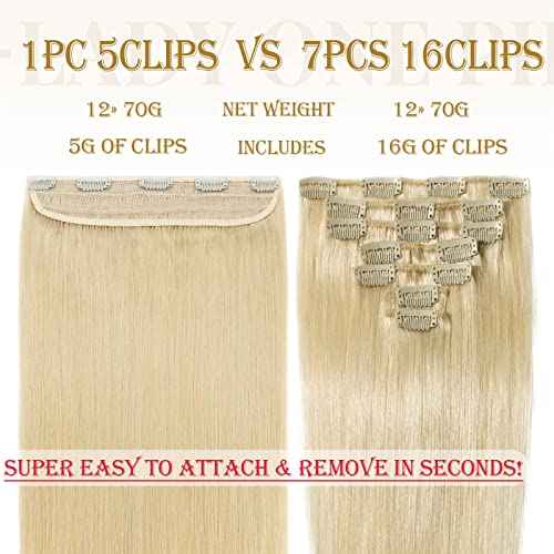 MY-LADY Clip in Hair Extensions Real Human Hair Bleach Blonde 20 Inch 100g One Piece Weft Remy Hair Balayage Silky Natural Straight for Women