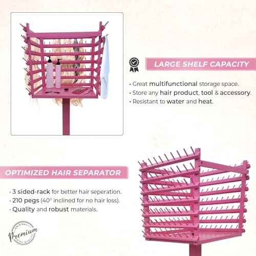 Braiding Hair Rack, Hair Extension Holder, Hair Braiding Tools, Hair Product Organizer, Wooden 3-Sided Rack Stand, Large Capacity (210 pegs) (Pink)