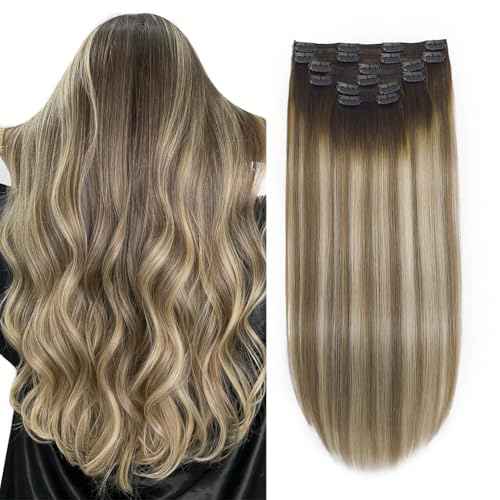 XDhair Clip in Hair Extensions Real Human Hair 120g 18 Inch Balayage Ombre Color 3 Walnut Brown to 8 Ash Brown and 22 Golden Blonde Double Weft Clip in Remy Hair Extensions(18, 3/8/22)