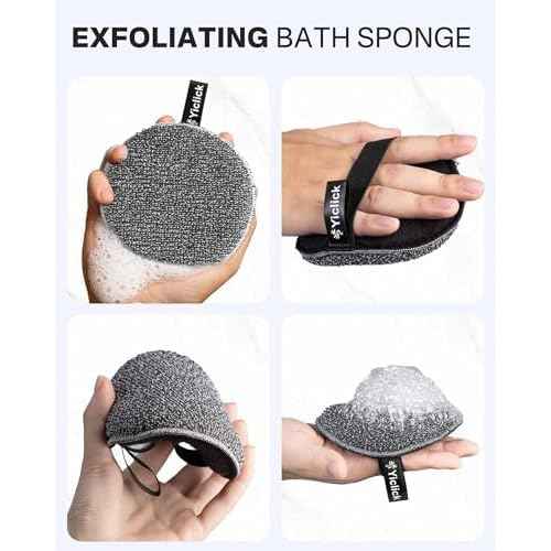 Yiclick Exfoliating Body Scrubber Exfoliator 2 Pack - Exfoliating Sponge, Shower Bath Sponge Loofah with Handle, Body Scrub Lufas Washcloth Net Brush for Women Men, Dead Skin Remover for Body