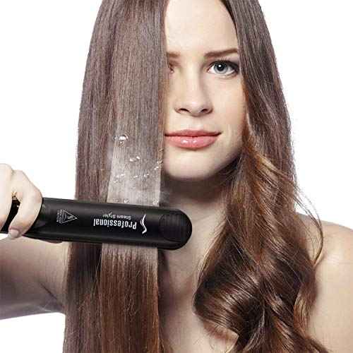 Steam Hair Straightener Flat Iron Professional Ceramic Tourmaline 2-in-1 Straightening Iron, Adjustable 300-450F Salon Heat, 110-220V Dual Voltage, Black