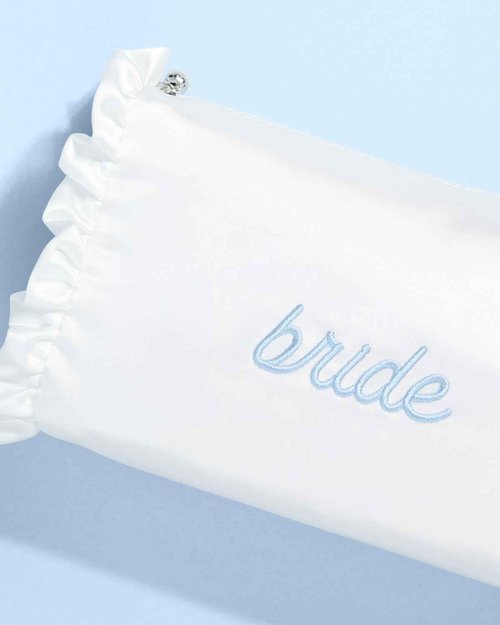 xo, Fetti White Satin Bride Cosmetic Bag | Bachelorette Party Decorations, Bride To Be Purse, Bridal Shower Accessory, GRWM Makeup Bag