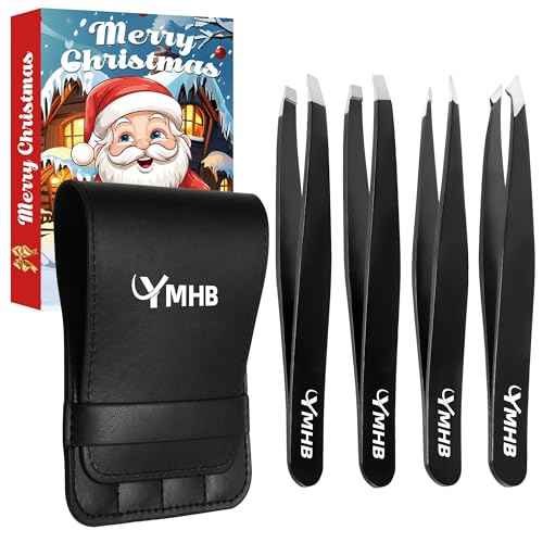 Tweezers Set - 4Pcs Stainless Steel Eyebrow Tweezers, Great Precision for Facial Hair, Splinter and Ingrown Hair Removal Gifts for Women, Christmas Stocking Stuffers Gifts for Adults Men Women