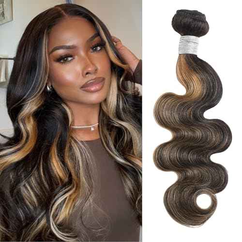 Highlight Honey Blonde Bundles Human Hair 16 Inch Body Wave Black and Blonde Balayage 1b/27 bundles 12A Brazilian Virgin Remy Hair Loose Wave Wavy Sew In Weave Ombre Single Bundle Piano Color P1b27