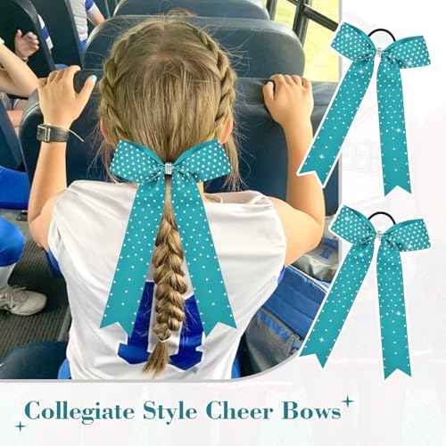 DEEKA 12 PCS Glitter Collegiate Style Cheer Bows Long Tail Full Rhinestones Skinny Shiny Cheer Bow Ponytail Holder Handmade Bows for Girls Teens Cheerleader Sports -Teal