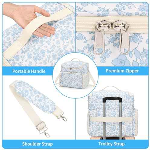 CUBETASTIC Extra Large Nail Polish Organizer Case Holds 86 to 100+ Bottles Nail Polish & Nail Lamp, Nail Supplies Storage Carrying Bag with 2 Removable Pouches (Blue Floral, 86 Slots)
