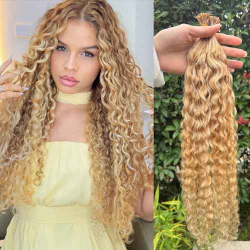 27P613 Curly I Tip Hair Extensions Human Hair Water Wave Cold Fusion Itip Flawless Microlinks Hair Extensions Invisible Blends Naturally Individual Strands for Black Women 50G Brown to Blonde 20inch