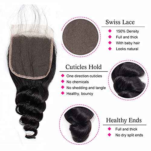 Brazilian Loose Wave 4x4 Lace Closure 100% Unprocessed Human Virgin Hair Pre Plucked Loose Deep Wave Pre-Plucked Hairline Frontal Closure Natural Black With Baby Hair (20inch, loose wave 4x4)