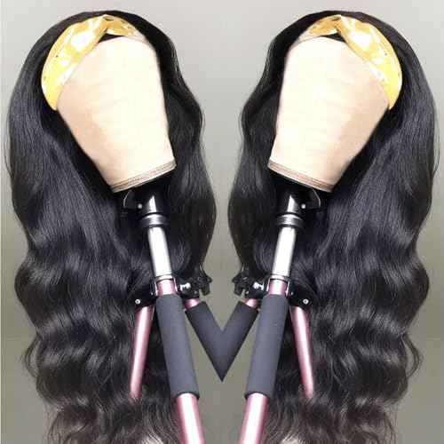 Human Hair Body Wave Headband Wig, 26 Inch, Black, Glueless, Wavy (loose waves), 21.75 Inch Cap Size