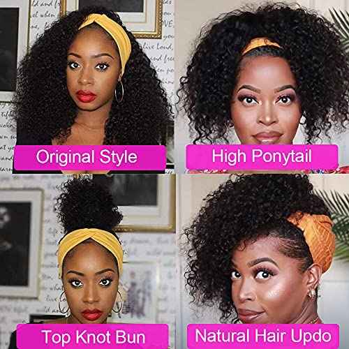 Curly Headband Wig Human Hair 16 Inch Deep Wave Human Hair Headband Wigs for Black Women Human Hair Glueless Real Hair Wig with Headband Attached No Lace Front Wig Human Hair Natural Black Color