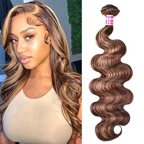 UNice Honey Blonde Highlight Body Wave Human Hair Weave 1 bundle 28 inch, Brazilian Remy Hair Dark Root Ombre Blonde Human Hair Extensions for Sew In TL412 Color