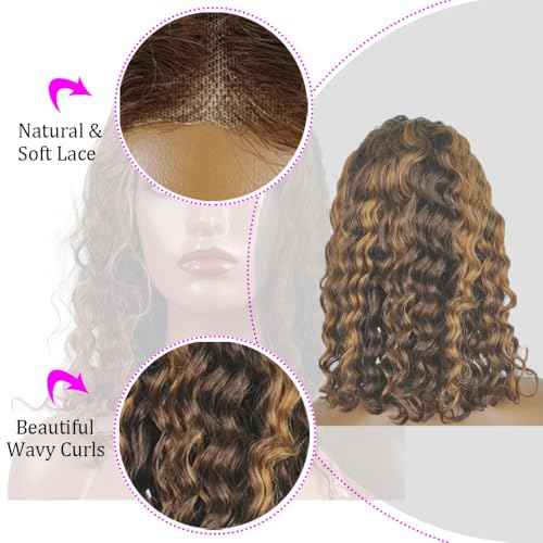 2/30 Highlight Bob Wig Human Hair 4x4 Wear and Go Glueless Wigs Pre Cut Lace 180% Density Deep Wave Human Hair Wigs for Black Women Beginner Friendly Highlight (Glueless Bob Wig, 8inch)