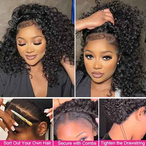 BLG Water Curly Half Wig Human Hair 250% Density 15A Messy Loose Curly 3 In 1 Seamless Half Wigs 18 Inch Quick Install Wear and Go Drawstring Wig Beginners Friendly Glueless Wigs Invisible Hairline