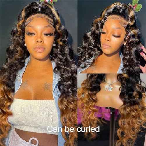 NICY 360 Transparent Lace Body Wave Wig Remy Human Hair Updo Pre Plucked Glueless Frontal Wigs Hair Extrenstion with Baby Hair (30 highlight wave, 18inch)