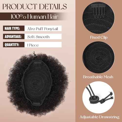 Afro Puff Drawstring Ponytail for Black Women #1B Natural Black Brazilian Virgin Human Hair 6 Inch Durable Natural Soft and Smooth Kinky Curly Short Ponytail for Natural Hair