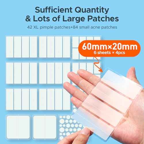 TKTK Large Pimple Patches for Face, 7 Sizes XL Acne Patches, Big Hydrocolloid Bandages for Body, Chin, Forehead, Chest, Back Zit Breakouts, Hydrocolloid Patch (Strip, Square, Dot 126 Count)