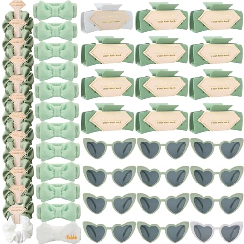 48pcs Bridesmaid Scrunchies Proposal Gifts Bachelorette Hair Claws Clips Girls headbands heart sunglasses for Wedding Party Favors (White&Sage Green)