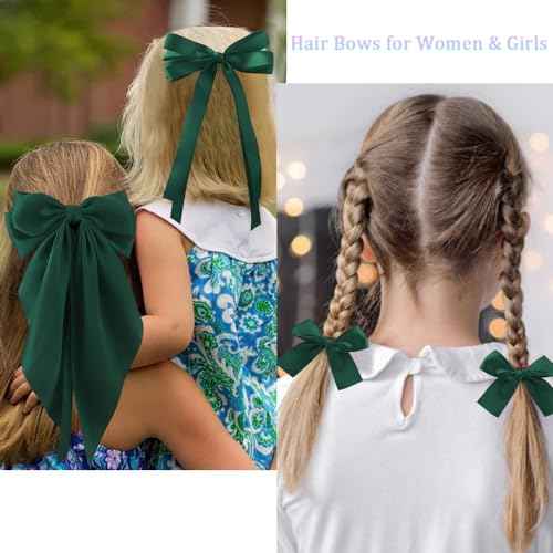 Hair Bow Clips for Women Girls, 4 Pcs Green Silky Satin Oversized Long Tail Bow Hair Clips, Alligator Metal Clips, Big Bowknot, Cute Hair Accessories, Christmas Gifts