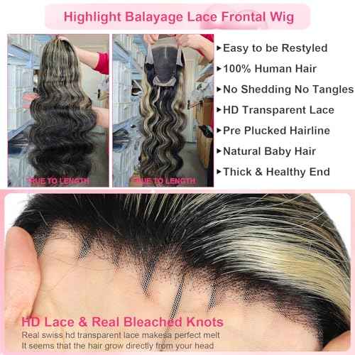FB/27 Highlight Balayage Wig Human Hair 13x4 HD Lace Front Wigs Body Wave 1B/27 Ash Blonde Omber Glueless Wig Pre Plucked With Baby Hair 180% Density 24 Inch