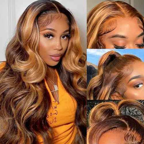 Honey Blonde Lace Front Wigs Human Hair Pre Plucked with Natural Hairline 13x4 Glueless Wigs Human Hair 180 Density 4/27 Highlight Body Wave Lace Frontal Wigs 32Inch