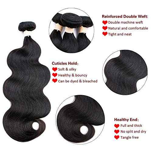 Real Human Hair Bundles Body Wave 16 18 20 Inch with 14 Inch Lace Closure, 3 Bundles Unprocessed Natural Black Remy Brazilian Virgin Cambodian Hair Wavy, 1b, No Tangle No Shedding