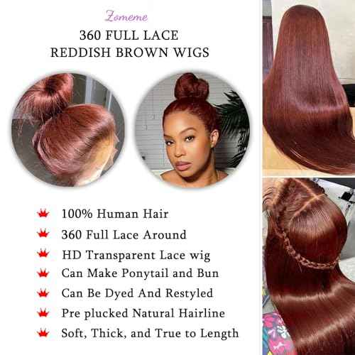 Reddish Brown Lace Front Wigs Human Hair 360 Wig Human Hair Full Lace Straight Colored Ponytail Wig 360 HD Transparent Lace Front Wigs Pre Plucked for Black Women Natural Hairline 22 inch