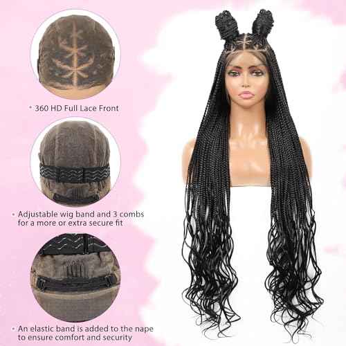 Kalyss 360¡Æ HD Full Lace Braided Wigs for Black Women Knotless Braided Wigs with Baby Hair Box Braid Wig Premium Synthetic Lace Front Black Box Braid Wig with Curly Ends 36"