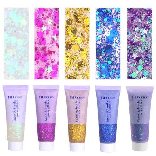 Face Body Glitter, Hair Glitter Sparkles Chunky Face Glitter Gel for Girls Makeup Singer Concerts Mermaid Festival Sequins Face Paint (White+Rose+Gold+Blue+Purple)
