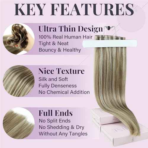 Fshine Genius Weft Hair Extensions Real Human Hair 22 Inch Light Brown with Platinum Blonde Sew in Hair Extensions Highlighted in Extensions Long Straight Hair 60g