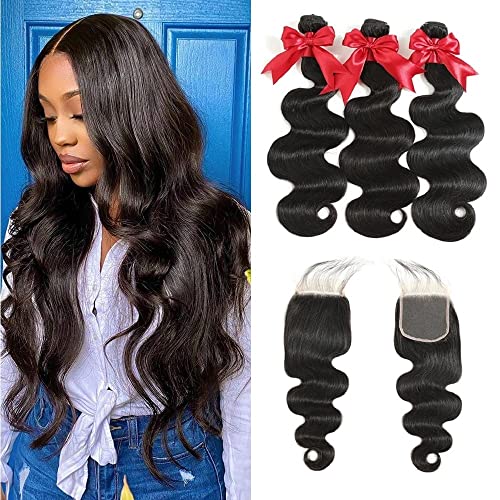 10A Brazilian Body Wave Bundles with Closure Human Hair 18 20 22 with 16 Inch Human Hair Bundles with Closure Body Wave 100% Unprocessed Remy Virgin Human Hair Weave 3 Bundles with HD Lace Closure