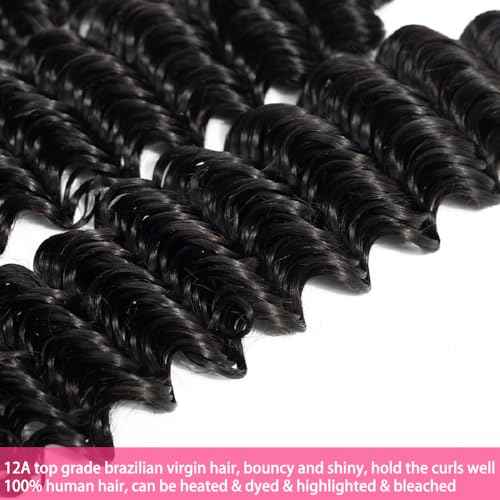 12A Deep Wave Single Bundles Human Hair 26 Inch Brazilian Curly 1 Bundles Human Hair 100% Unprocessed Virgin Wet and Wavy Hair Weave 1B Black