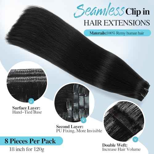 WIGNEE Clip In Hair Extesnions 100% Human Hair Seamless Hair Extensions for Women Invisable Human Hair Straight PU Clip Ins 8PCS Natural Hair Add Volume Daily Use (Black)