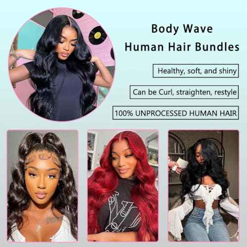 Body Wave Human Hair Bundles with Closure(18 20 22+2x6 16inch) 12A Brazilian Human Hair Body Wave Bundles with Closure Weave Hair Natural Color for Women