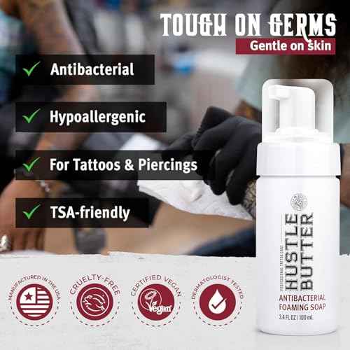 Hustle Bubbles Tattoo Aftercare - Antibacterial Foaming Tattoo Soap for New Tattoos and Piercings - TSA Approved - Vegan, Cruelty Free - 3.4 fl oz