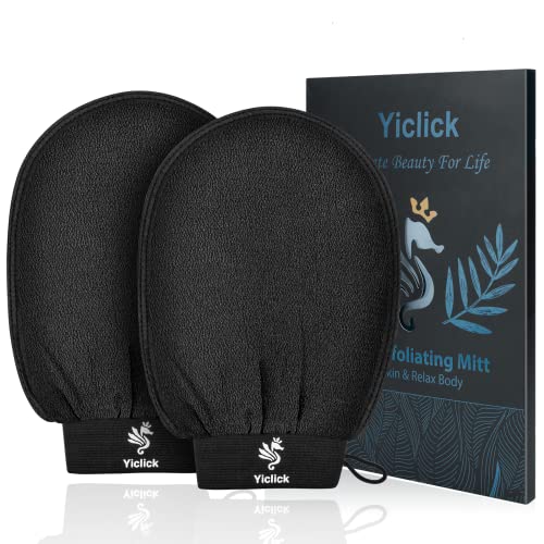 Exfoliating Gloves 2 Pcs, Exfoliating Body Scrubber for Bath Shower Exfoliation, Body Scrub Exfoliator Loofah Sponge for Dead Skin Remover, Korean Exfoliating Mitt (Black)