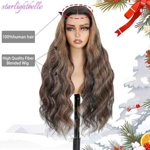 28 Inch Highlight Ombre Lace Front Wig Wear and Go Glueless Wig 1B/30 Body Wave Lace Front Wigs Synthetic Blended Hair Pre Plucked with Baby Hair 220% Density
