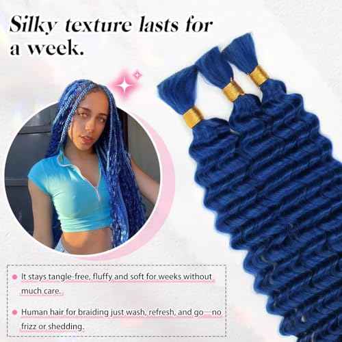 20 Inch Deep Wave Human Braiding Hair for Boho Braids ? 120g 3 Bundles/Pack Blue 100% Unprocessed 12A Brazilian Virgin Human Hair Bulk, No Weft, Wet & Wavy Curly Extensions