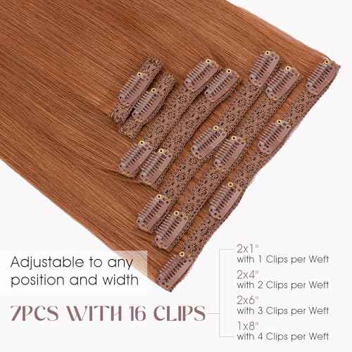 Elailite Clip in Hair Extensions Real Human Hair, Remy Hairpieces for Women, 7PCS Lace Weft Full Head, 20 Inch 120g Dark Auburn Copper Red