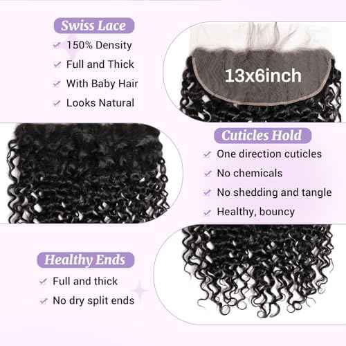 Water Wave HD Frontal 13x6 Lace Frontal Big Space Size Long Part 100% Human Hair Transparent Lace Closure Free Part From Ear to Ear Natural Black Color 22 Inch