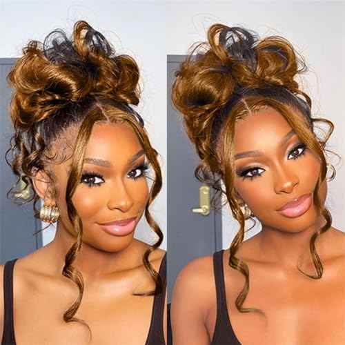 NICY 360 Transparent Lace Body Wave Wig Remy Human Hair Updo Pre Plucked Glueless Frontal Wigs Hair Extrenstion with Baby Hair (30 highlight wave, 18inch)