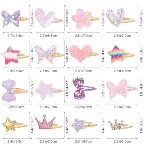 16 Pcs Hair Clips for Teens,Sparkly Metal Snap Barrettes, Cute Glitter Toddler Flower/Star/Crown/Heart/Butterfly Hair Accessory Multicolor Shaped Hair Accessories