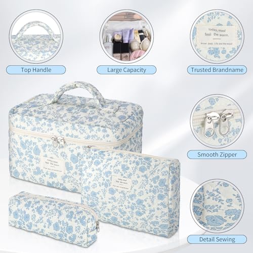 senbowe Floral Makeup Bag, 3 Pack Large Cotton Quilted Makeup Bag Set, Cute Floral Coquette Aesthetic Toiletry Bag Make Up Cosmetic Bag for Women, Toiletry Travel Make Up Organizer Bag