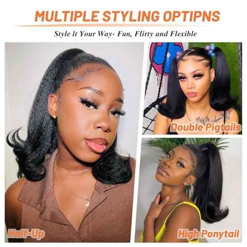 Drawstring Ponytail Extension for Black Women 14 Inch Yaki Kinky Straight Ponytail Flick Style Hairpiece Synthetic Natural Black