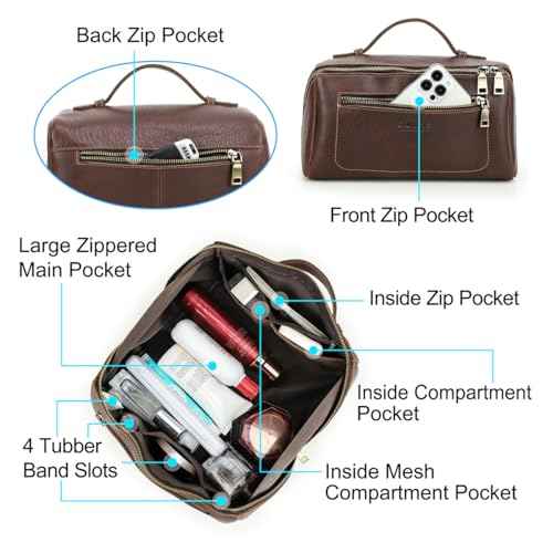CONTACTS Full Grain Leather Travel Toiletry Bag for Men Large Wash Bag with Handle Bathroom Shaving Dopp Kit Toiletries Organizer Vintage Cosmetic Bag