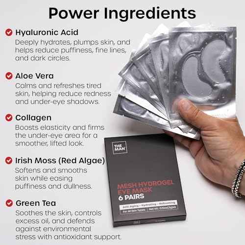 The Man Mesh Hydrogel Under Eye Patches for Men - Cooling, Hydrating & Firming Eye Masks for Dark Circles & Puffiness - Men's Anti-Aging Patches with Hyaluronic Acid, Collagen & Vitamin E. (6 Pairs)